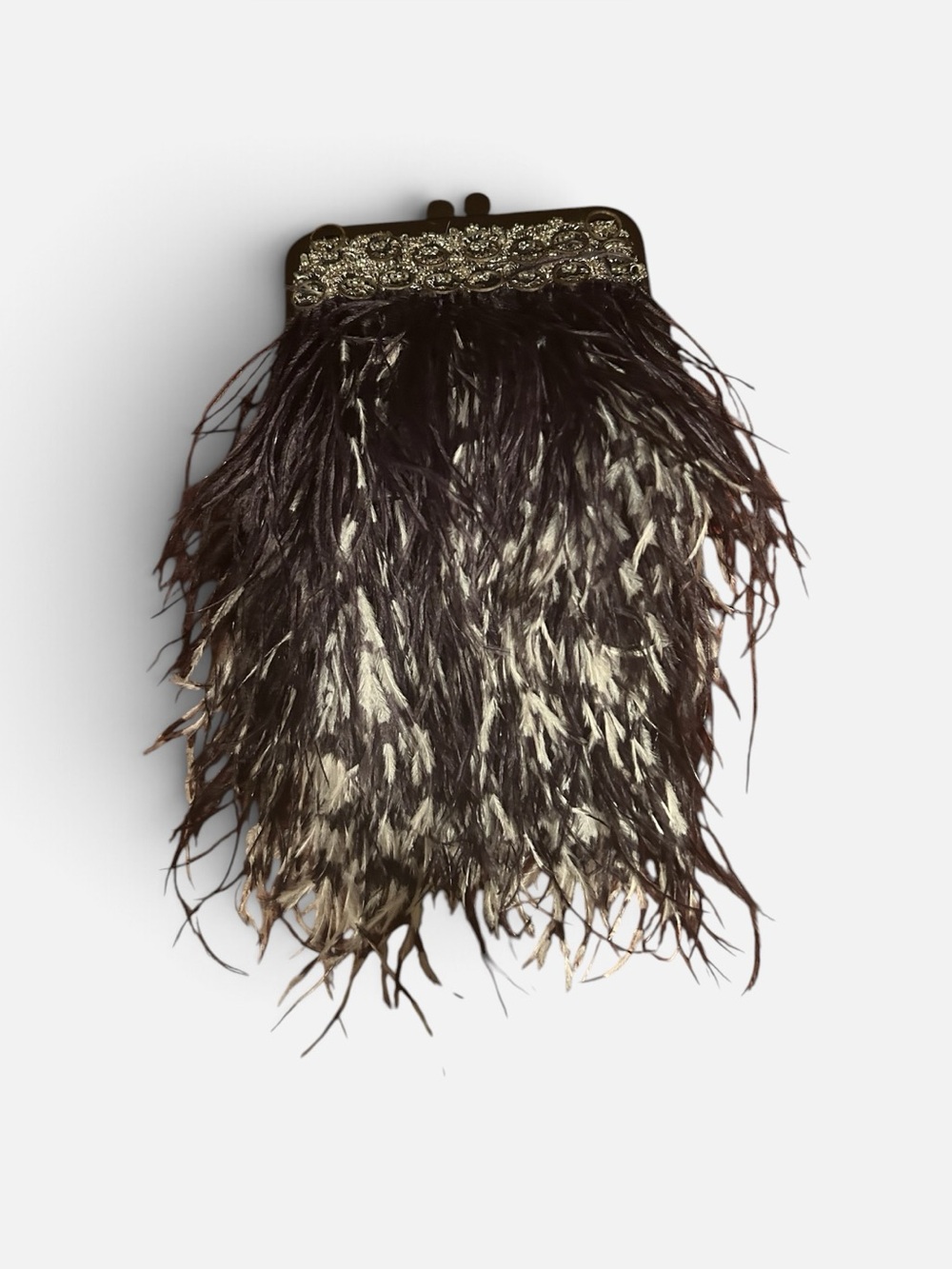 Moo Roo Charleston Feather Evening Bag Feather Fringe Chain Clutch in white &